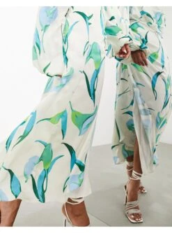 ASOS Volume Blouson Sleeve Satin Midi Dress -Free Vibe Shop asos Multi Volume Blouson Sleeve Satin Midi Dress 2