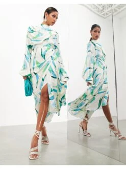 ASOS Volume Blouson Sleeve Satin Midi Dress -Free Vibe Shop asos Multi Volume Blouson Sleeve Satin Midi Dress 3