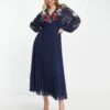 ASOS Embroidered Blouson Open Back Pleated Midi Dress -Free Vibe Shop asos Navy Embroidered Blouson Open Back Pleated Midi Dress