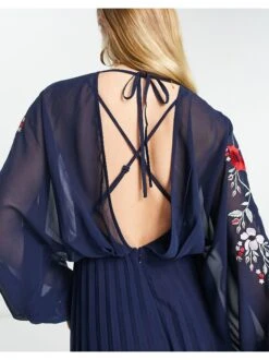 ASOS Embroidered Blouson Open Back Pleated Midi Dress -Free Vibe Shop asos Navy Embroidered Blouson Open Back Pleated Midi Dress 2