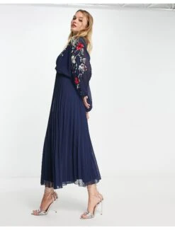 ASOS Embroidered Blouson Open Back Pleated Midi Dress -Free Vibe Shop asos Navy Embroidered Blouson Open Back Pleated Midi Dress 3