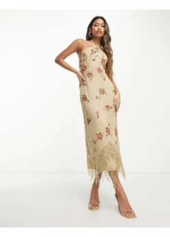 ASOS Halter Embellished Midi Dress With Floral Beading Detail -Free Vibe Shop asos Neutral Halter Embellished Midi Dress With Floral Beading Detail 2