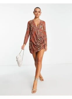ASOS Embellished Shift Mini Dress With Drape Front Detail -Free Vibe Shop asos Orange Embellished Shift Mini Dress With Drape Front Detail 2