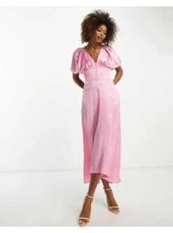 ASOS High Low Hem Satin Batwing Midi Dress With Button Through Detail -Free Vibe Shop asos PINK High Low Hem Satin Batwing Midi Dress With Button Through Detail 1