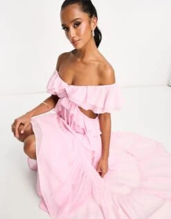 Asos Design Petite Ruffle Cut Out Off The Shoulder Maxi Dress With Hi Low Hem -Free Vibe Shop asos Pink Asos Design Petite Ruffle Cut Out Off The Shoulder Maxi Dress With Hi Low Hem 1