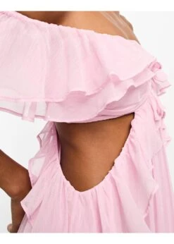 Asos Design Petite Ruffle Cut Out Off The Shoulder Maxi Dress With Hi Low Hem -Free Vibe Shop asos Pink Asos Design Petite Ruffle Cut Out Off The Shoulder Maxi Dress With Hi Low Hem 2