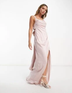 ASOS Bridesmaid Satin Drape Maxi Dress With Bow Back -Free Vibe Shop asos Pink Bridesmaid Satin Drape Maxi Dress With Bow Back 2
