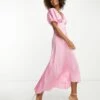 ASOS High Low Hem Satin Batwing Midi Dress With Button Through Detail -Free Vibe Shop asos Pink High Low Hem Satin Batwing Midi Dress With Button Through Detail
