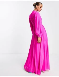 ASOS High Neck Pleated Long Sleeve Skater Maxi Dress With Embroidery -Free Vibe Shop asos Pink High Neck Pleated Long Sleeve Skater Maxi Dress With Embroidery 1