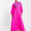 ASOS High Neck Pleated Long Sleeve Skater Maxi Dress With Embroidery -Free Vibe Shop asos Pink High Neck Pleated Long Sleeve Skater Maxi Dress With Embroidery