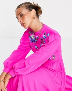 ASOS High Neck Pleated Long Sleeve Skater Maxi Dress With Embroidery -Free Vibe Shop asos Pink High Neck Pleated Long Sleeve Skater Maxi Dress With Embroidery 2