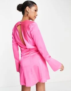 ASOS Satin Bias Cut Drape Mini Dress With Button Detail -Free Vibe Shop asos Pink Satin Bias Cut Drape Mini Dress With Button Detail 1