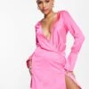 ASOS Satin Bias Cut Drape Mini Dress With Button Detail -Free Vibe Shop asos Pink Satin Bias Cut Drape Mini Dress With Button Detail