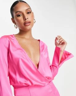 ASOS Satin Bias Cut Drape Mini Dress With Button Detail -Free Vibe Shop asos Pink Satin Bias Cut Drape Mini Dress With Button Detail 3