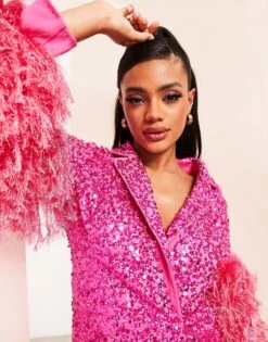 ASOS Sequin Blazer Dress With Cut Out Back With Faux Feather Sleeve -Free Vibe Shop asos Pink Sequin Blazer Dress With Cut Out Back With Faux Feather Sleeve 2