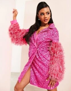 ASOS Sequin Blazer Dress With Cut Out Back With Faux Feather Sleeve -Free Vibe Shop asos Pink Sequin Blazer Dress With Cut Out Back With Faux Feather Sleeve 3