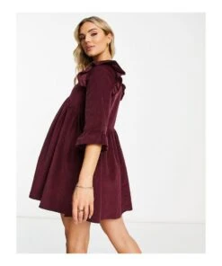 ASOS Design Cord Mini Smock Dress With Ruffle Shoulder -Free Vibe Shop asos Red Design Cord Mini Smock Dress With Ruffle Shoulder 1