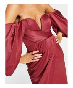ASOS Draped Sleeve Bardot Satin Midi Dress -Free Vibe Shop asos Red Draped Sleeve Bardot Satin Midi Dress 1