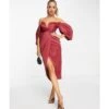 ASOS Draped Sleeve Bardot Satin Midi Dress -Free Vibe Shop asos Red Draped Sleeve Bardot Satin Midi Dress