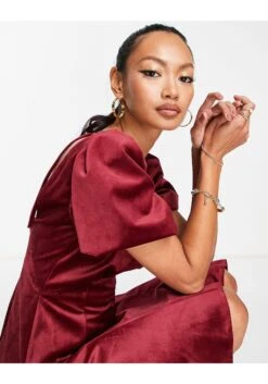 ASOS Puff Sleeve Velvet Mini Dress With Godet Detail -Free Vibe Shop asos Red Puff Sleeve Velvet Mini Dress With Godet Detail 1