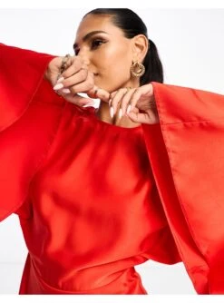 ASOS Satin Batwing Sleeve Mini Dress -Free Vibe Shop asos Red Satin Batwing Sleeve Mini Dress 3