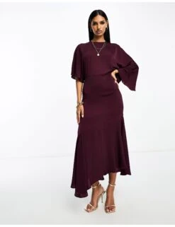 ASOS Satin Flutter Sleeve Asymmetric Hem Midi Dress