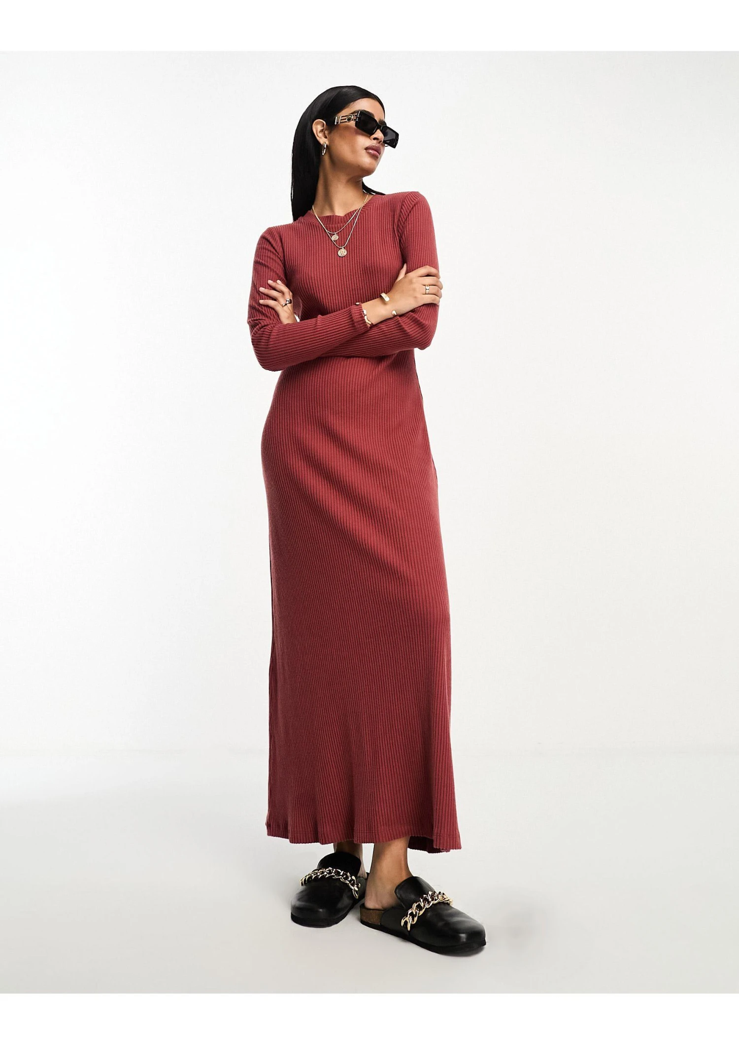 ASOS Super Soft Ribbed Crew Neck Midi Dress With Long Sleeve Rusty 3 ASOS Super Soft Ribbed Crew Neck Midi Dress With Long Sleeve Rusty