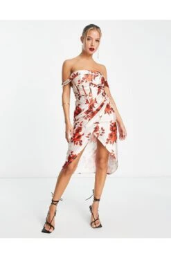 ASOS Bardot Satin Corset Wrap Midi Dress -Free Vibe Shop asos Red floral Bardot Satin Corset Wrap Midi Dress 1