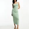 ASOS Square Neck Cami Midi Dress With Ruched Drape Detail -Free Vibe Shop asos Sage Square Neck Cami Midi Dress With Ruched Drape Detail