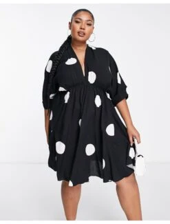 Asos Design Curve V Front V Back Godet Skater Mini Dress -Free Vibe Shop asos Spot print Asos Design Curve V Front V Back Godet Skater Mini Dress