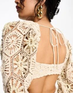 ASOS Embellished Crochet Milkmaid Mini Dress With Blouson Sleeve