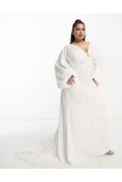 ASOS Curve Lennox Sequin Blouson Sleeve Wedding Dress With Train