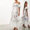 ASOS Floral Embroidered Bardot Puff Sleeve Midi Dress 1 ASOS Floral Embroidered Bardot Puff Sleeve Midi Dress -Free Vibe Shop asos White Floral Embroidered Bardot Puff Sleeve Midi Dress