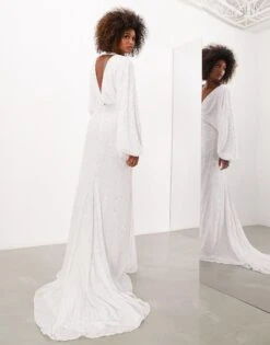 ASOS Lennox Sequin Blouson Sleeve Wedding Dress With Train -Free Vibe Shop asos White Lennox Sequin Blouson Sleeve Wedding Dress With Train 2