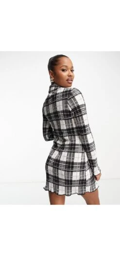 Asos Design Petite Plisse Long Sleeve Mini Shirt Dress -Free Vibe Shop asos White check Asos Design Petite Plisse Long Sleeve Mini Shirt Dress