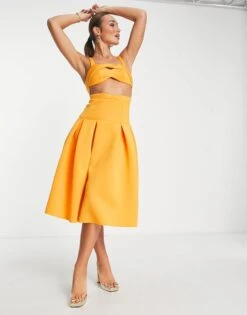 ASOS Two Piece Dropped Waist Pleat Midi Prom Dress -Free Vibe Shop asos Yellow Two Piece Dropped Waist Pleat Midi Prom Dress 3