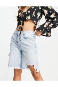FREE PEOPLE Raw Edge Denim Longline Shorts -Free Vibe Shop free people Blue Raw Edge Denim Longline Shorts 2