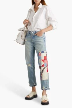 MOTHER Carolyn Murphy The Tomcat Cropped Patchwork High-rise Straight-leg Jeans -Free Vibe Shop mother Blue Carolyn Murphy The Tomcat Cropped Patchwork High rise Straight leg Jeans 1