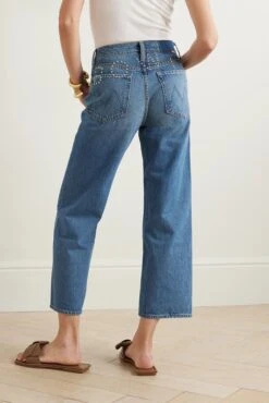 MOTHER + Net Sustain + Bowie The Rambler Zip Cropped Embellished Straight-leg Jeans -Free Vibe Shop mother Blue Net Sustain Bowie The Rambler Zip Cropped Embellished Straight leg Jeans 3
