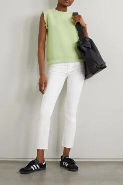 MOTHER + Net Sustain The Dazzler Frayed Cropped Mid-rise Slim Jeans -Free Vibe Shop mother white The Dazzler Verkurzte Halbhohe Jeans Mit Schmalem Bein Und Fransen 1