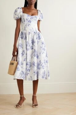 Davila Shirred Floral-print Linen Midi Dress -Free Vibe Shop reformation Blue Davila Shirred Floral print Linen Midi Dress 1