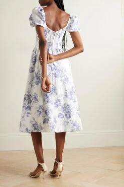 Davila Shirred Floral-print Linen Midi Dress -Free Vibe Shop reformation Blue Davila Shirred Floral print Linen Midi Dress 2