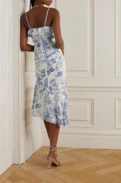 Liana Asymmetric Ruffled Floral-print Georgette Midi Dress -Free Vibe Shop reformation Blue Liana Asymmetric Ruffled Floral print Georgette Midi Dress 2