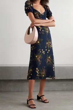 Free Vibe Shop -Free Vibe Shop reformation Blue Luciana Lace up Floral print Crepe Midi Dress 1