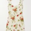 Christine Ruffled Floral-print Georgette Mini Dress -Free Vibe Shop reformation White Christine Ruffled Floral print Georgette Mini Dress