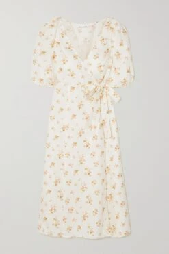 Mint Floral-print Linen Wrap Midi Dress